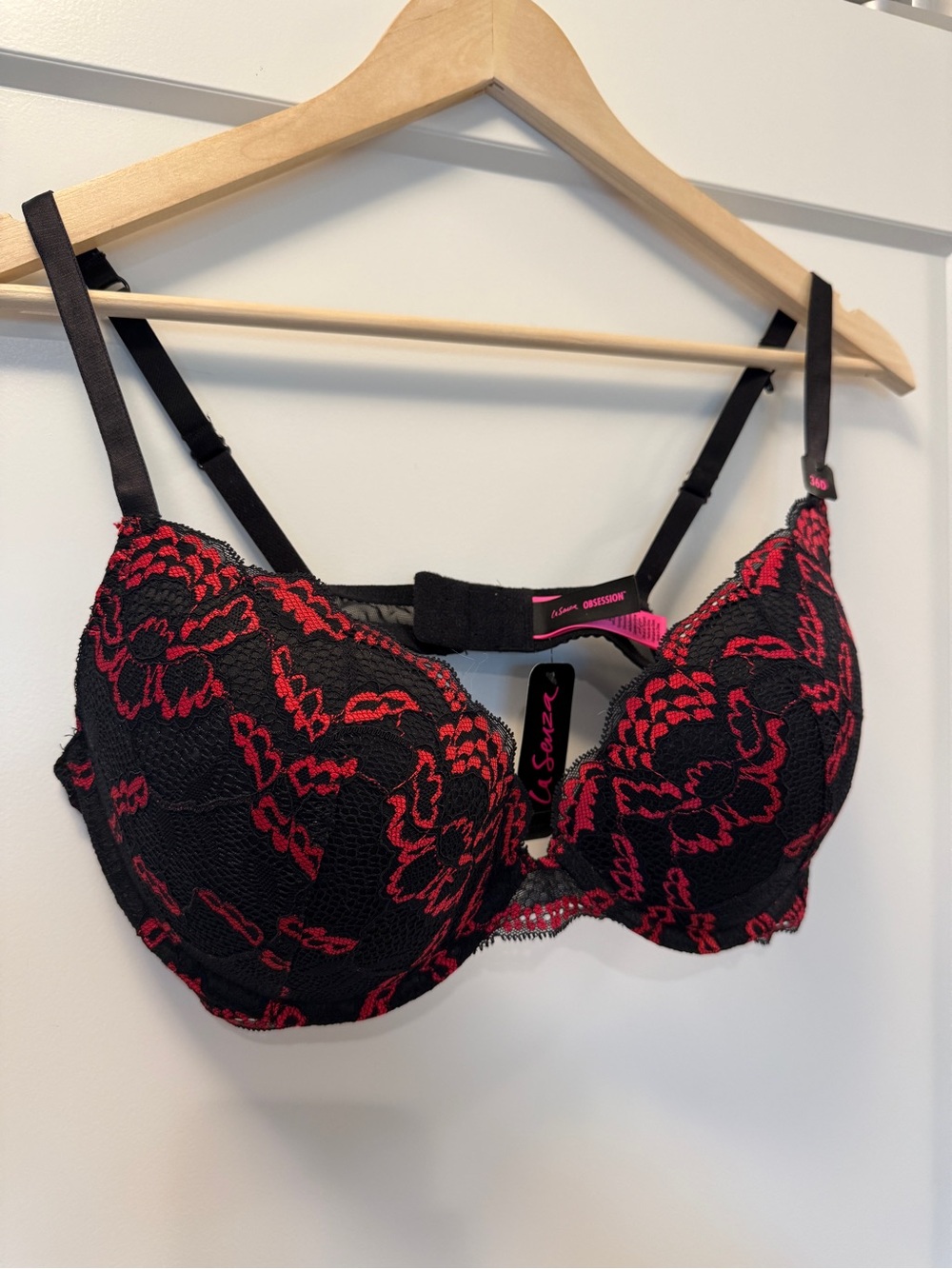 La SENZA Black Bra with Red Lace Overlay